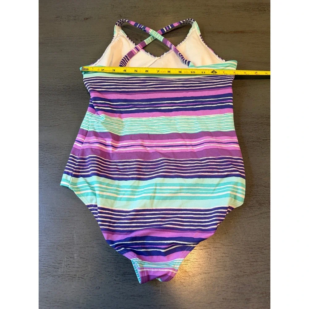Lands End Kids Girls One Piece Swimsuit Size 14 Purple Teal Striped Crossback